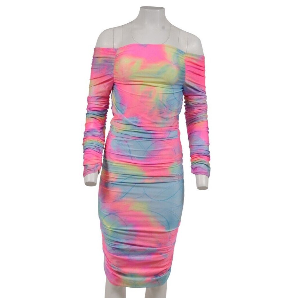 Sies Marjan Womens Off Shoulder Dress Size 4 Jolene Pink Tie Dye Glitter Ruching